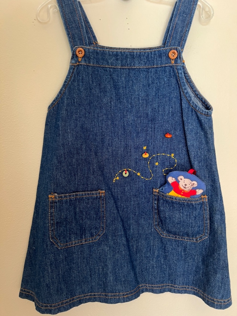 Vintage Children's Blue Denim Overall Dress with Bear Appliqué. Suzéu​